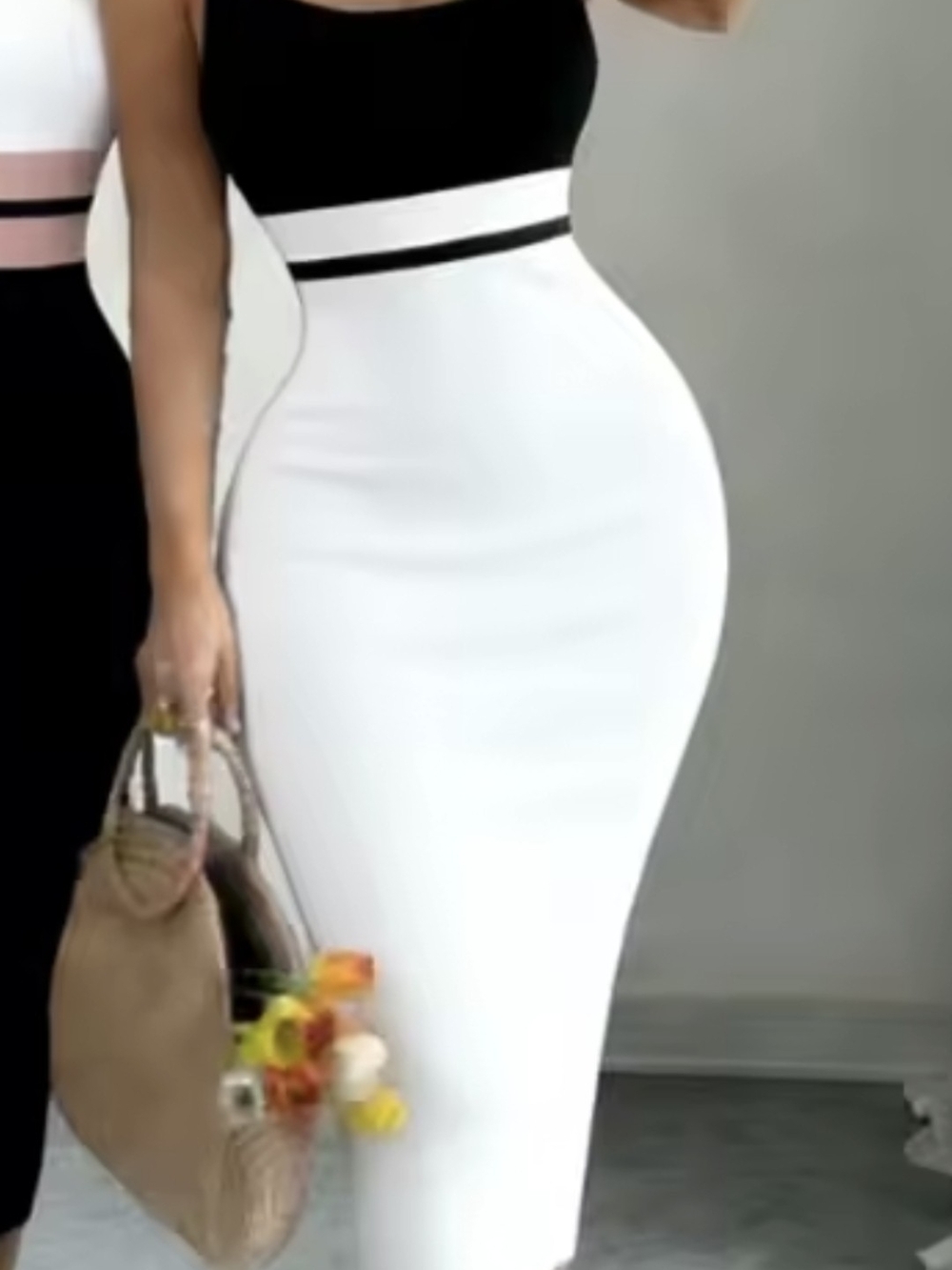 Two-Tone Black & White Pencil Skirt - Sleek Waistband Detail